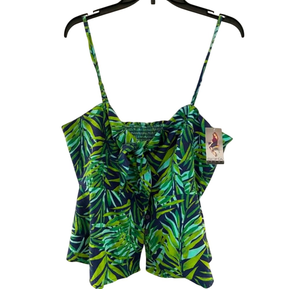 Sofia Jeans Camisole Womens L Green Tropical‎ Palm Leaf Peplum Tie Front Resort